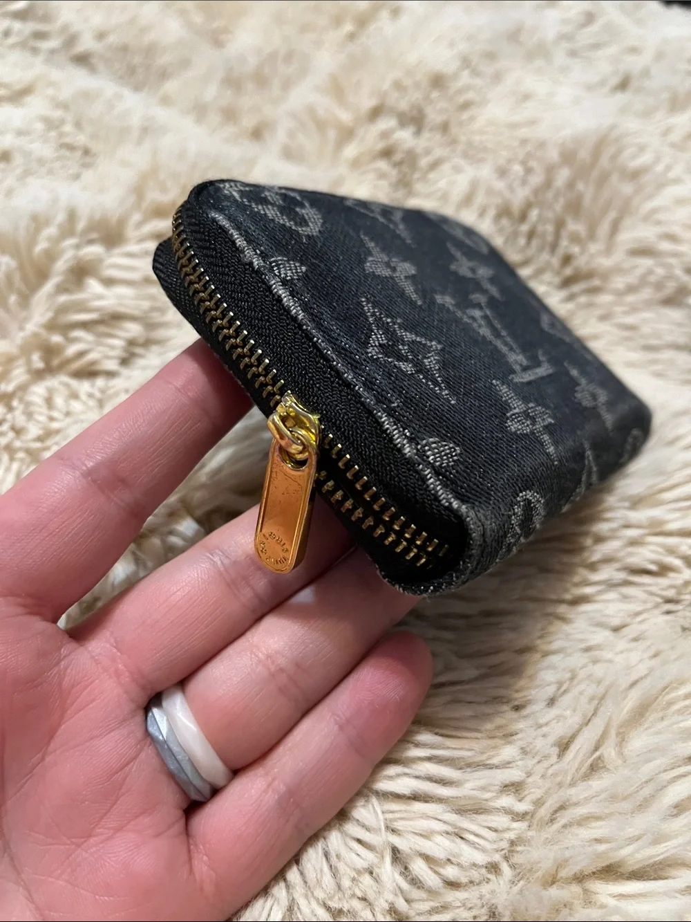 Louis Vuitton Black Monogram Denim Zip Coin Pouch with Gold Hardware